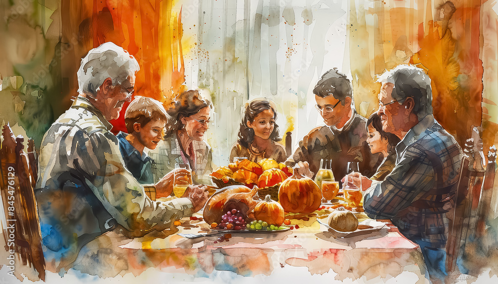 A family is gathered around a table with a turkey and a variety of vegetables