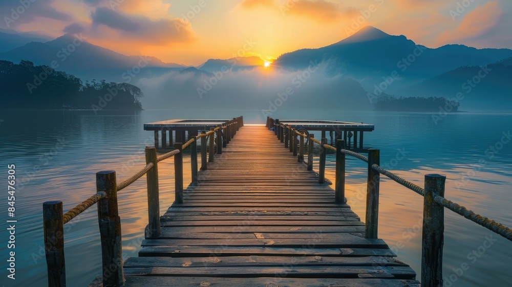 Fototapeta premium dock at the pier surround scenic view of mountain in the mist and sunrise at Sun moon lake