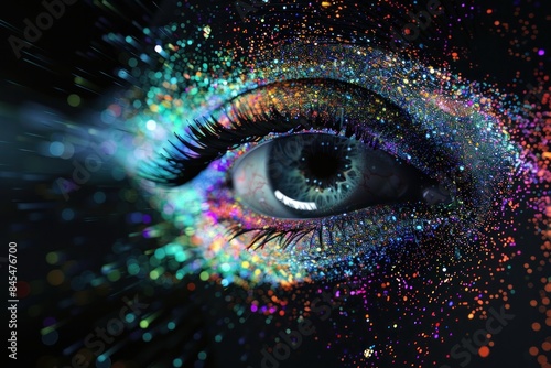 multicolored particles forming eye shape against background.