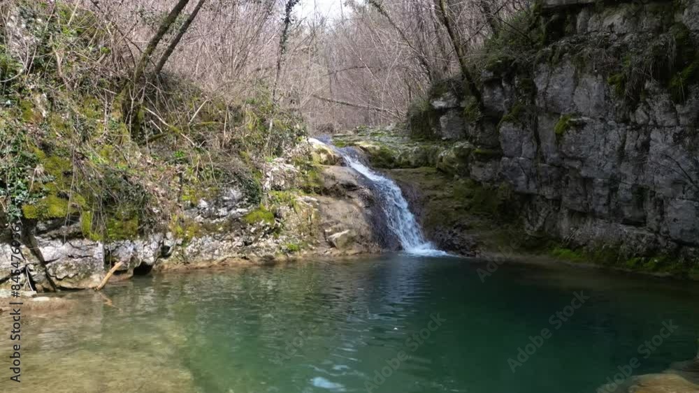Small Mountain Water Stream Lagoon with Waterfall Drone Point of View Moving Forward Small Mountain Water Stream Lagoon with Waterfall Drone Point of View Moving Forward