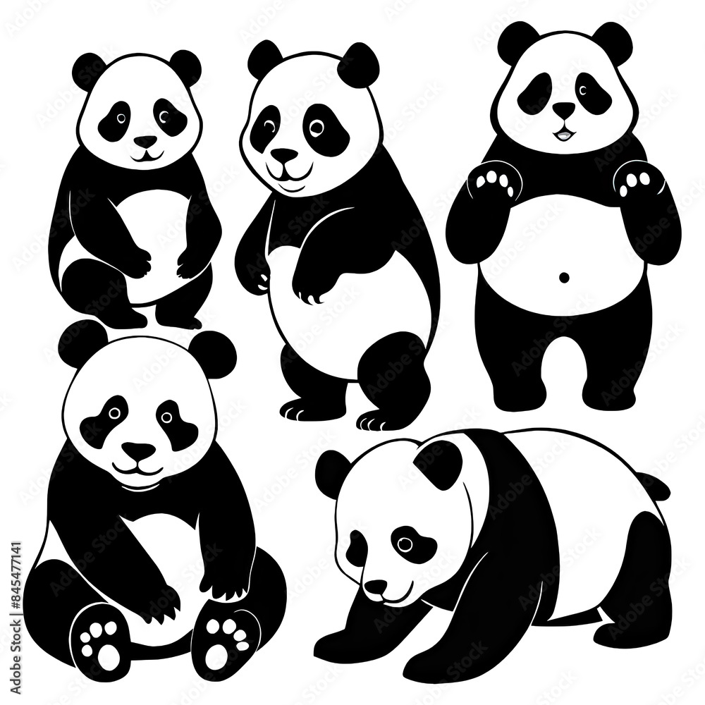 A set of four cartoon panda bear silhouettes in different poses on a transparent background. They are all cute and cuddly, perfect for use in a variety of projects. Generative AI A set of four cartoon panda bear silhouettes in different poses on a transparent background. They are all cute and cuddly, perfect for use in a variety of projects. Generative AI