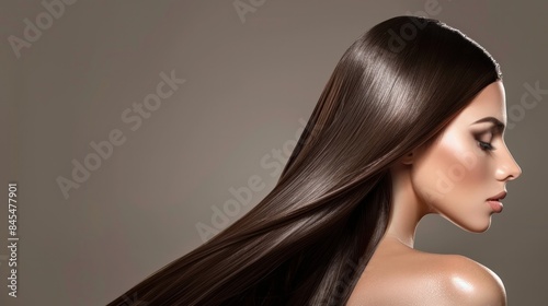 Fashion woman with long straight shiny hair beauty and hair care gray background