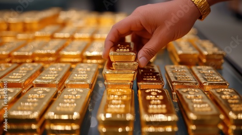 man hand pick up gold bars, buying gold for investment idea concept