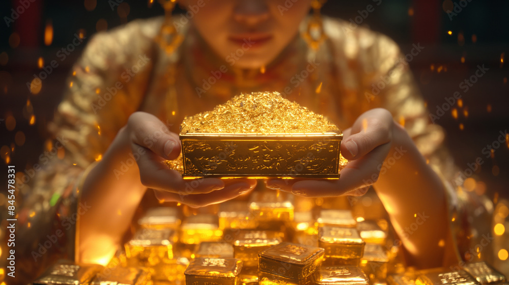 Chinese woman wearing traditional clothes with gold bars in hands and a lot in treasure box, gold investment concept Chinese woman wearing traditional clothes with gold bars in hands and a lot in treasure box, gold investment concept