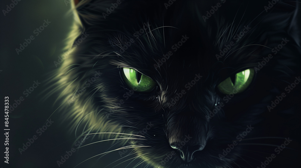 Close-up of Black Cat Face with Piercing Green Eyes Close-up of Black Cat Face with Piercing Green Eyes