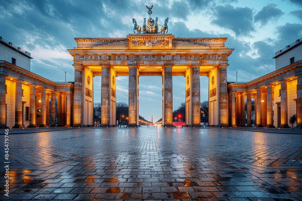 Obraz premium Twilight view of the illuminated Brandenburg Gate in Berlin with dramatic sky