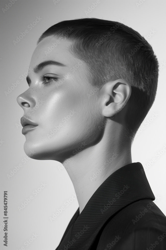 Natural beauty concept. Close up black and white profile portrait of irresistible young woman with very short hair wearing classic jacket. Magazine cover, poster style. Studio shot Natural beauty concept. Close up black and white profile portrait of irresistible young woman with very short hair wearing classic jacket. Magazine cover, poster style. Studio shot