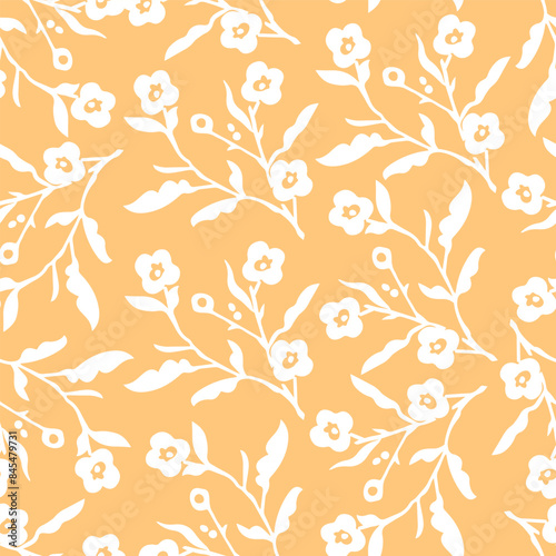 Wallpaper Mural Seamless pattern with delicate white flowers on a yellow background. Handmade fabric, gift packaging. Torontodigital.ca