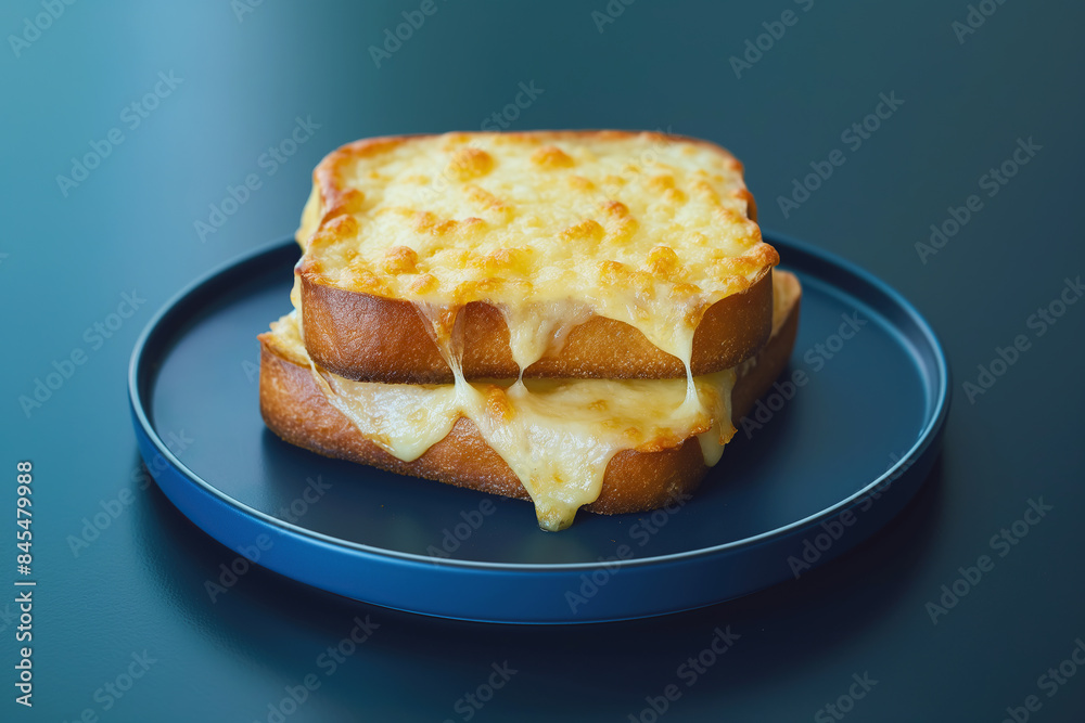 French cuisine concept. Top view of tasty croque-monsieur with melting cheese served on plate. Minimalistic style. Close up. Central composition. Indoor shot French cuisine concept. Top view of tasty croque-monsieur with melting cheese served on plate. Minimalistic style. Close up. Central composition. Indoor shot
