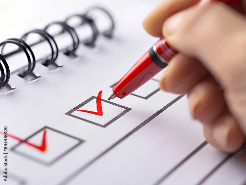 A closeup image of a hand marking a checkbox with a red pen on a clean ...