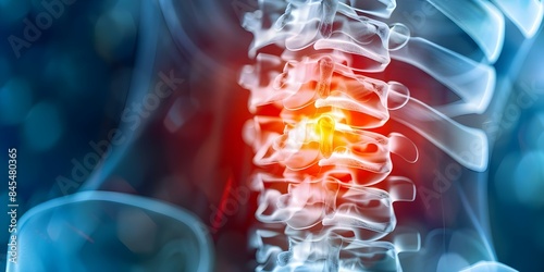 Closeup medical diagram detailing back pain in lumbar region of spine. Concept Medical Illustration, Back Pain, Lumbar Spine, Closeup Diagram