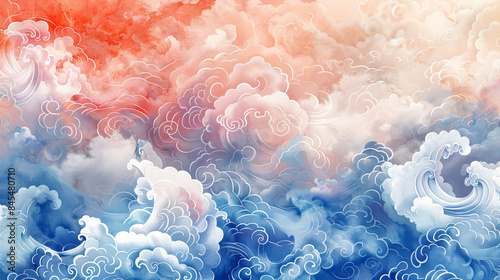 Watercolor Japanese uzumaki pattern background with blue and red clouds photo