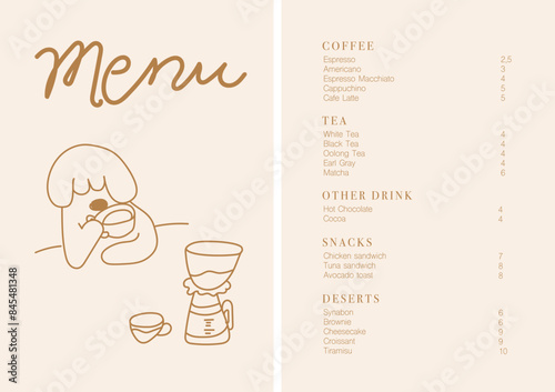 Cafe brochure vector, coffee shop menu design. Restaurant menu design.Hand-drawn coffee beans, coffee machine, cup, coffee to go, bakery and desserts vector illustration. 