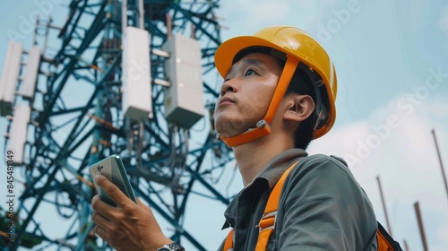 Technician wearing a yellow helmet and uniform stands outdoors, holding equipment and looking up. Communication towers and cables are visible in the background. © BigHeartHouston