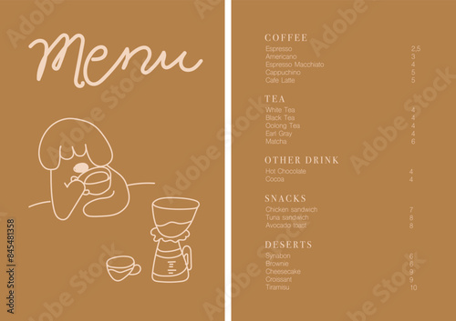 Cafe brochure vector, coffee shop menu design. Restaurant menu design.Hand-drawn coffee beans, coffee machine, cup, coffee to go, bakery and desserts vector illustration. 