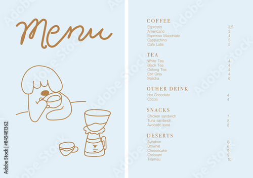 Cafe brochure vector, coffee shop menu design. Restaurant menu design.Hand-drawn coffee beans, coffee machine, cup, coffee to go, bakery and desserts vector illustration. 