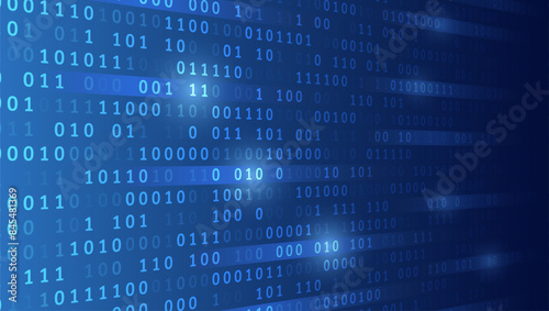 Analytics, sorting, structuring, information transfer. Blue background with data flow. Binary code, artificial intelligence. Program code. Computer background of numbers.