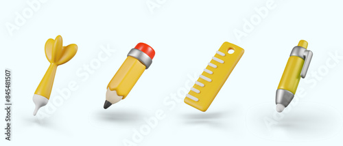 Darts needle, pencil, ruler, pen. Set of yellow office items. Isolated elements