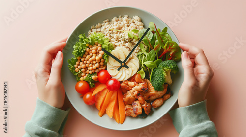 a clock with hands pointing to different times of the day, each time accompanied by illustrations of recommended foods