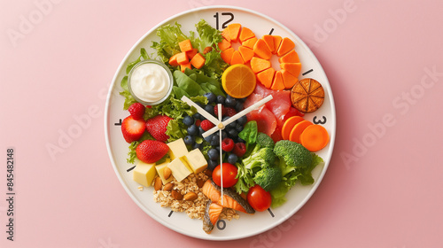 a clock with hands pointing to different times of the day, each time accompanied by illustrations of recommended foods
