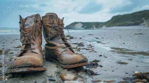 Vintage military boots on Normandy beach as a tribute to historical events