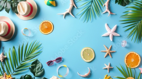 A summer objects on a blue background.with text space. Minimal summer holidays concept.