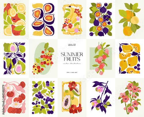 Fruits abstract elements. Food and healsy composition. Modern trendy Matisse minimal style. Fruits poster, invite. Vector arrangements for greeting card or invitation design