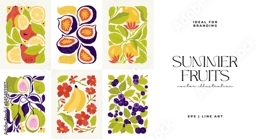 Fruits abstract elements. Food and healsy composition. Modern trendy Matisse minimal style. Fruits poster, invite. Vector arrangements for greeting card or invitation design