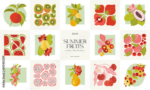 Fruits abstract elements. Food and healsy composition. Modern trendy Matisse minimal style. Fruits poster, invite. Vector arrangements for greeting card or invitation design