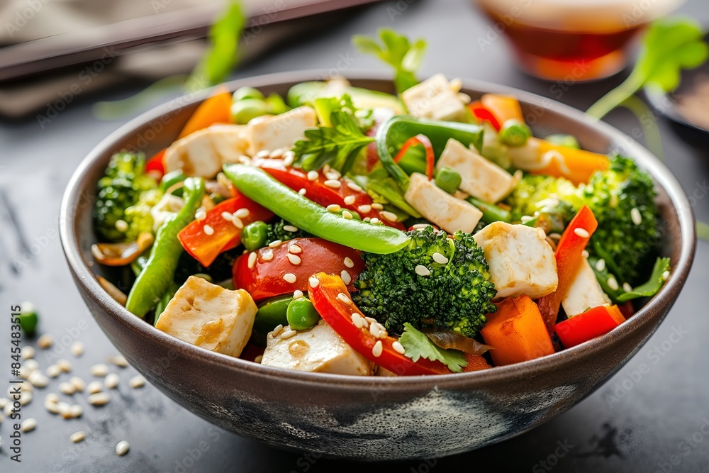 Close-Up Delicious Bowl Of Colorful Vegetable Stir-fry With Tofu And Sesame Seeds In Food Restaurant Interior, Food Photography, Food Menu Style Photo Image Close-Up Delicious Bowl Of Colorful Vegetable Stir-fry With Tofu And Sesame Seeds In Food Restaurant Interior, Food Photography, Food Menu Style Photo Image