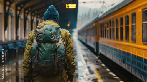 a man with backpack walking between train on train station