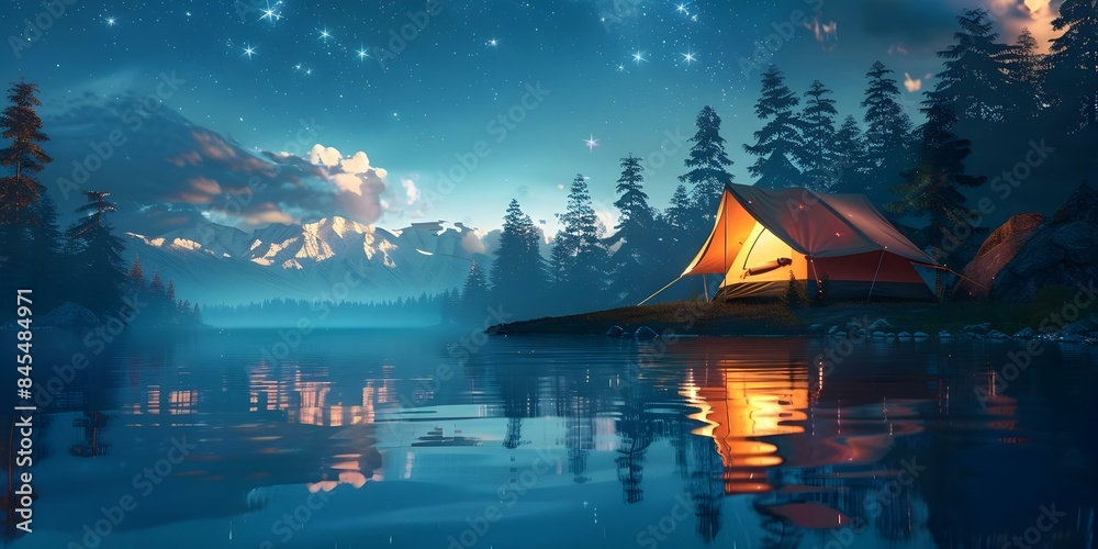 Obraz premium Illustration of a camping tent by a lake under a starry sky. Concept Camping, Tent, Lake, Starry Sky, Illustration
