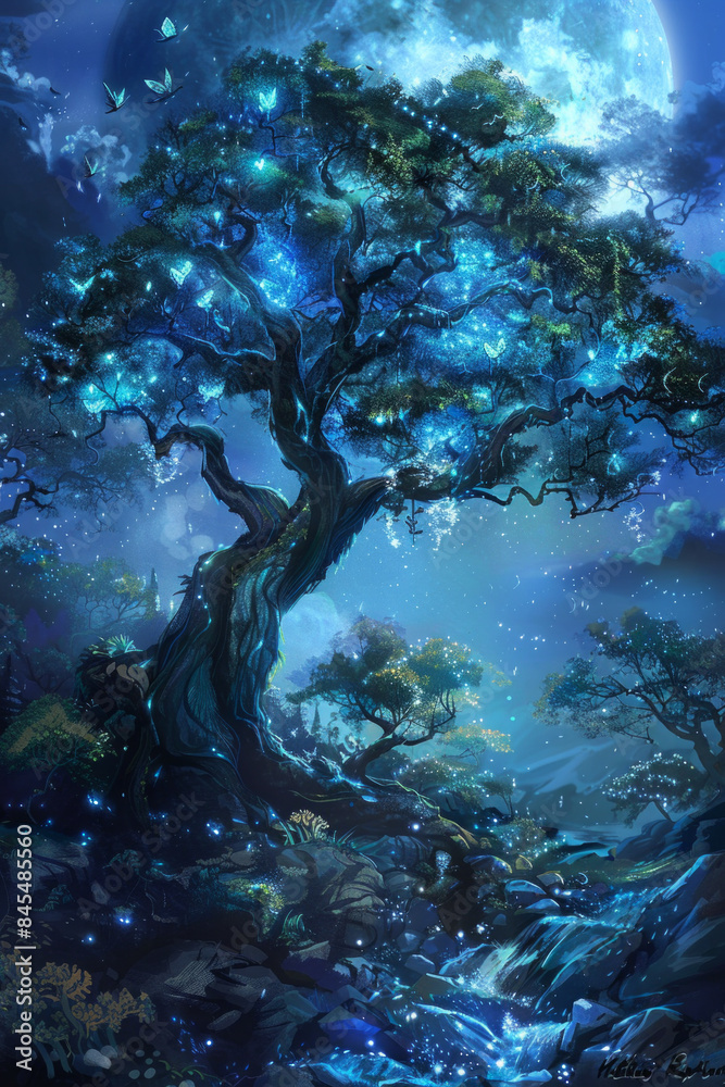 A tree in a moonlit forest with bioluminescent leaves, representing a magical, otherworldly enchantment. A tree in a moonlit forest with bioluminescent leaves, representing a magical, otherworldly enchantment.