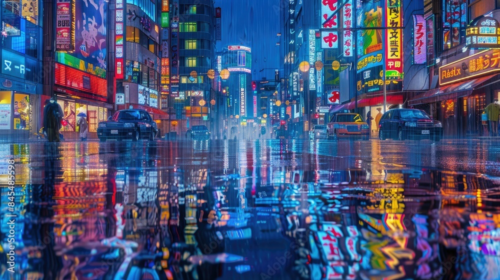 Luminescent neon lights reflecting in rain-soaked city streets at dusk Luminescent neon lights reflecting in rain-soaked city streets at dusk