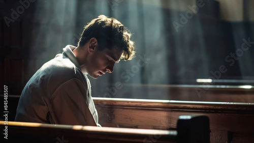 A man sits alone in a church pew, head bowed, bathed in sunlight through the windows. The scene exudes serenity, faith, and contemplation in the sacred interior