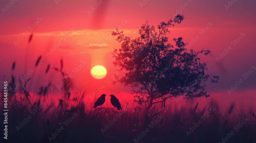 Obraz premium Two birds are perched on a tree in a field with a sunset in the background