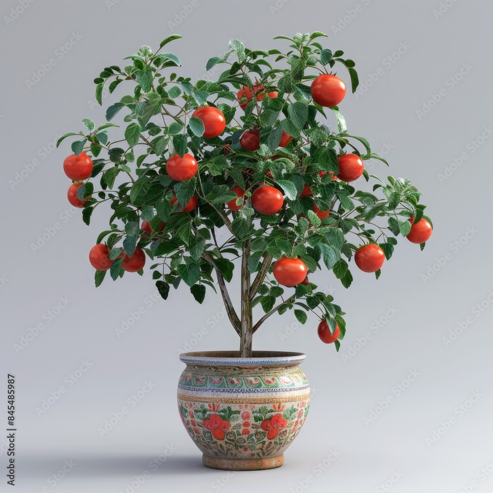 An isolated image of a tomato plant in a decorative pot