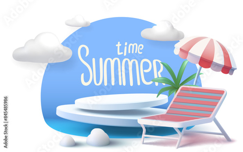 Summer time banner sale, beach umbrella with lounger for relaxation, seaside vacation scene. Vector illustration
