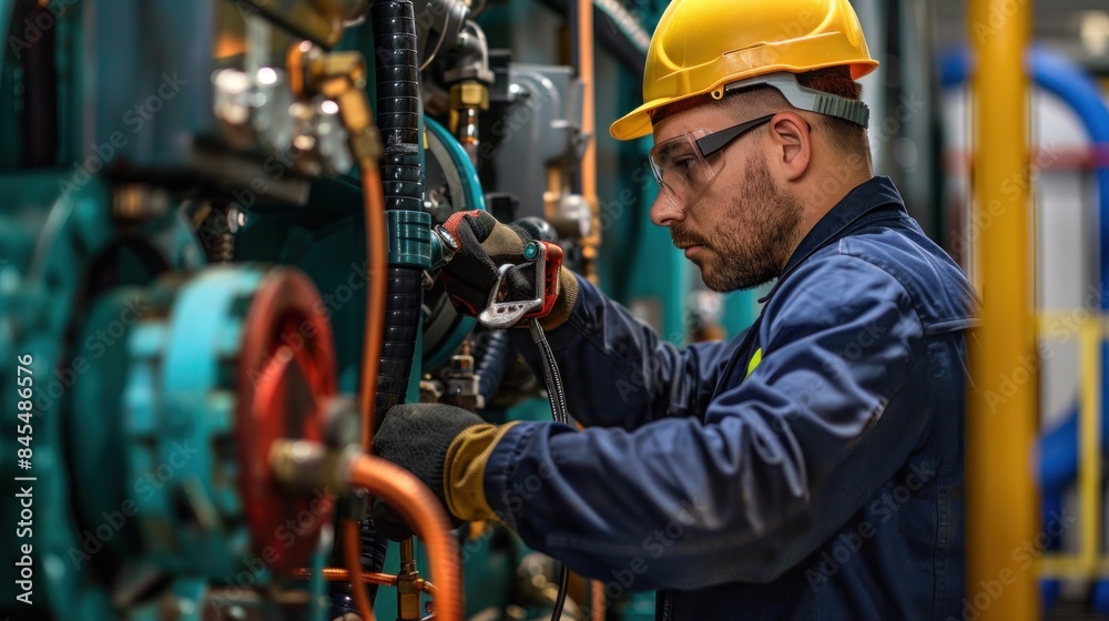 A Technician performing maintenance and inspection on an air compressor. A Technician performing maintenance and inspection on an air compressor.