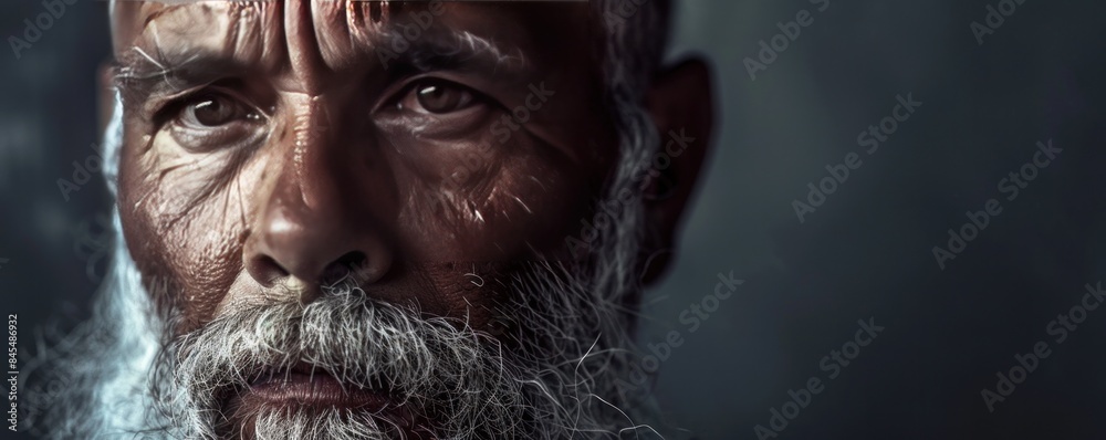 A close-up of an elderly Inuit man's face, highlighting his deeply wrinkled skin and traditional facial tattoos, with intense and reflective eyes under studio lighting A close-up of an elderly Inuit man's face, highlighting his deeply wrinkled skin and traditional facial tattoos, with intense and reflective eyes under studio lighting