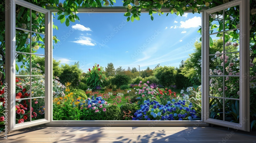 Naklejka premium A breathtaking view from a luxury room window overlooking a vibrant summer garden filled with blooming flowers and lush greenery, under a clear blue sky.