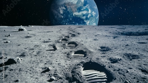 Footprints on the moon's surface with Earth in the background, symbolizing space exploration.