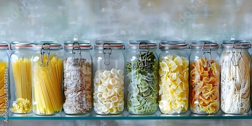 Various types of pasta in jars on a shelf for easy and delicious cooking. Concept Pasta Display, Kitchen Organization, Easy Recipes, Food Storage, Italian Cuisine photo