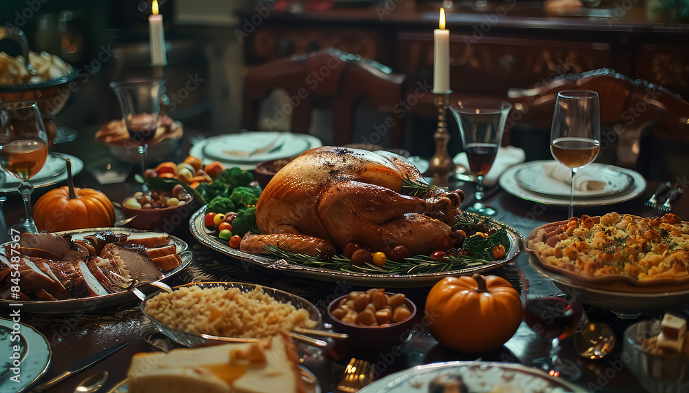 A large table with a variety of food, including a turkey A large table with a variety of food, including a turkey