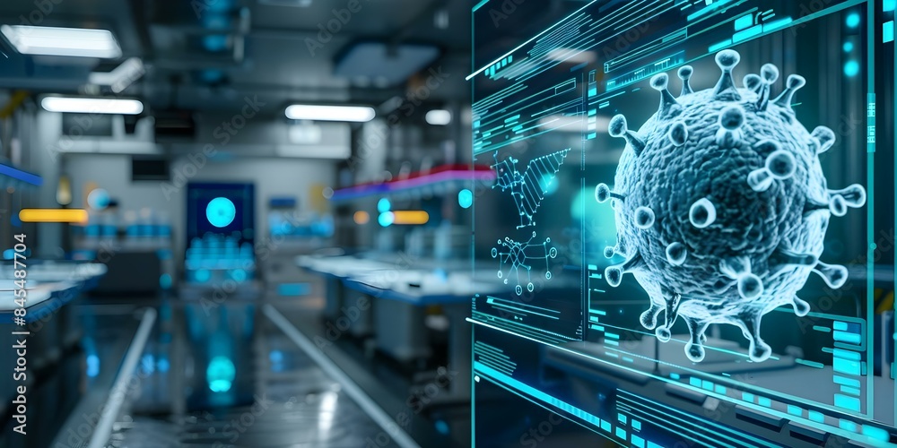 Fototapeta premium Modern holographic medical interface for virus diagnosis in futuristic healthcare setting. Concept Medical Technology, Futuristic Interface Design, Holographic Displays, Healthcare Innovation