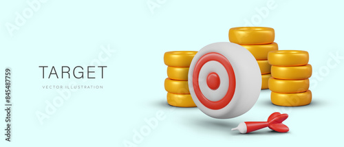 Concept of business goal, financial success. Realistic target, gold coins, darts needle