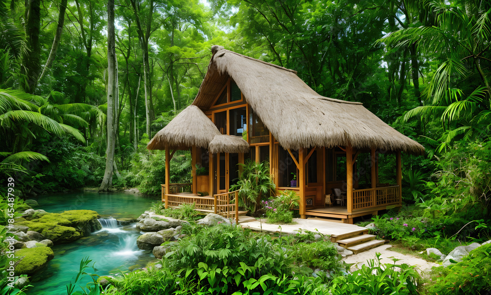 Eco-friendly tourism. Tropical landscapes of green tourism. Art illustration, AI generated. Eco-friendly tourism. Tropical landscapes of green tourism. Art illustration, AI generated.