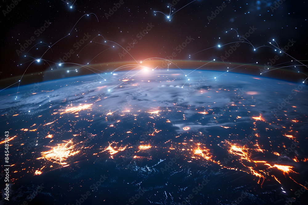 Global network on earth from space, world finance connectivity, business trading, telecommunications