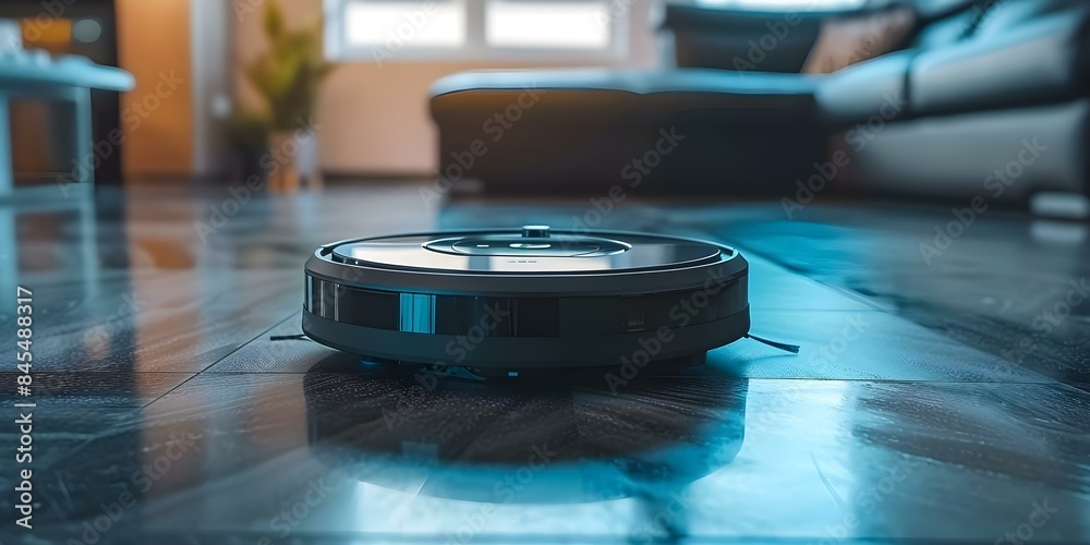 Robot vacuum cleaner uses AI to automate room cleaning advancing tech production. Concept AI, Automation, Robot Vacuum, Cleaning Technology, Advanced Technology Robot vacuum cleaner uses AI to automate room cleaning advancing tech production. Concept AI, Automation, Robot Vacuum, Cleaning Technology, Advanced Technology