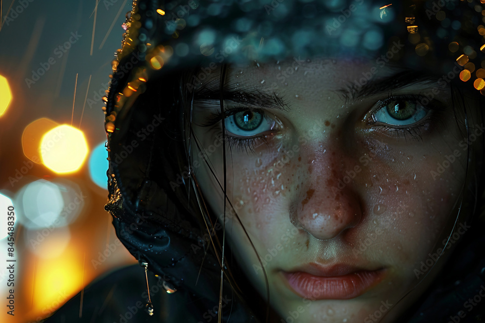 A woman is standing in the rain alone made with generative AI A woman is standing in the rain alone made with generative AI
